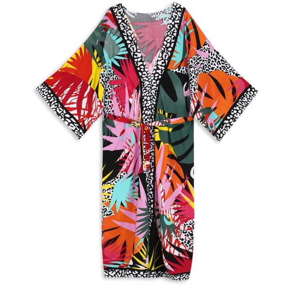 Colorful Tropical Print Duster Beach Cover up Kimono - Picture 6 of 8